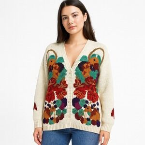 Lecomte Handknit Cardigan Womens Large Cream‎ Floral Butterfly Vintage Excellent